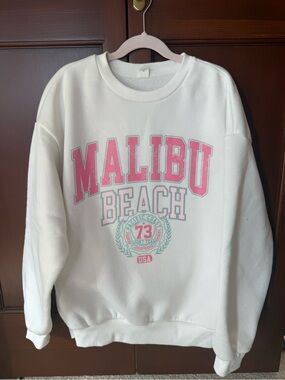 SHEIN White Pullover Sweatshirt with Pink Malibu Graphic